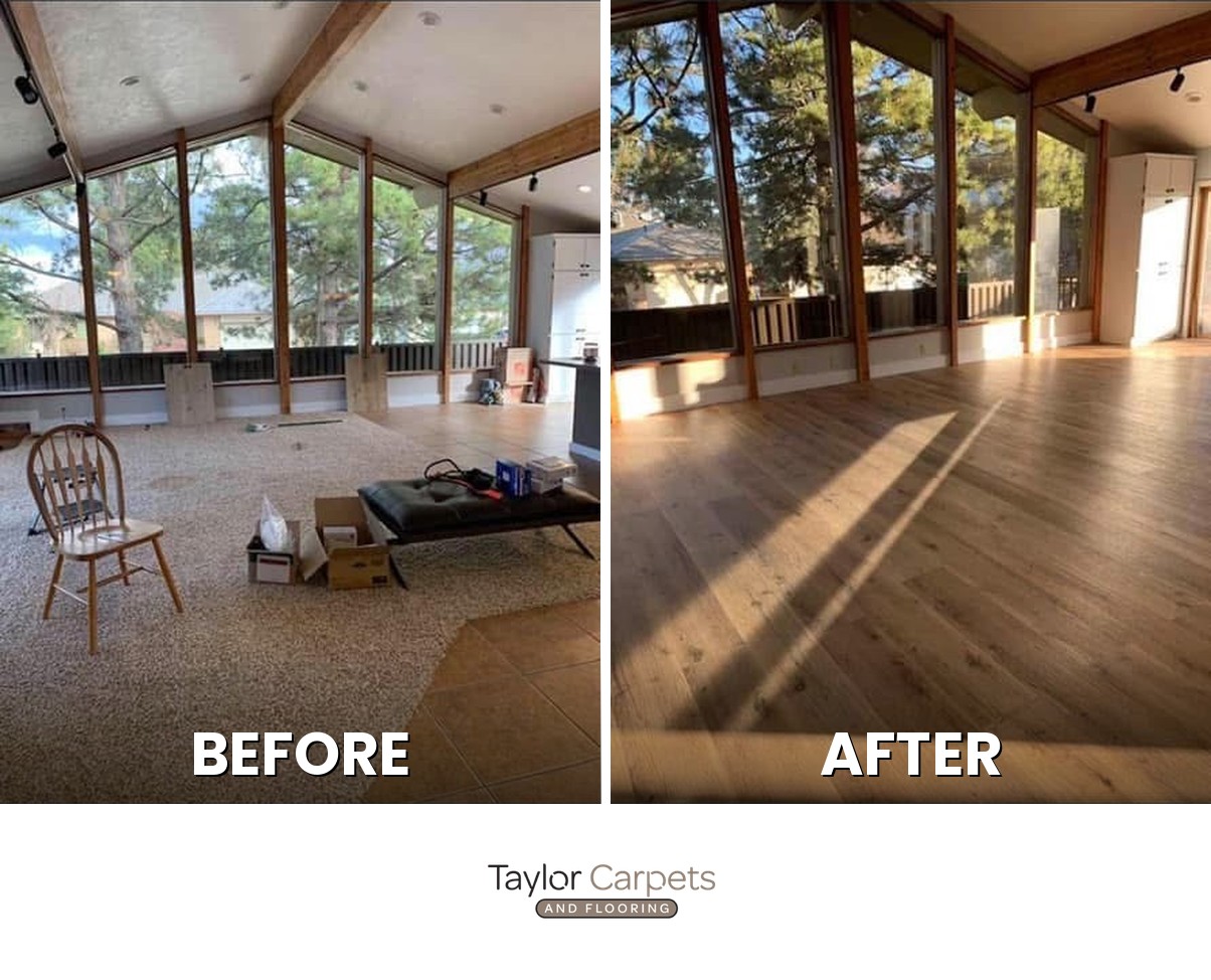 Before and after: a Utah sunroom refloored from old carpet and tile to warm wood-look luxury vinyl plank by Taylor Carpets and Flooring