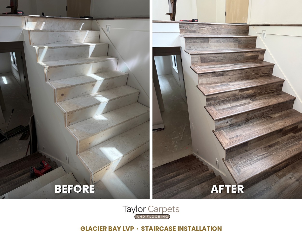 Before and after: a staircase refinished with Glacier Bay wood-look luxury vinyl plank by Taylor Carpets and Flooring